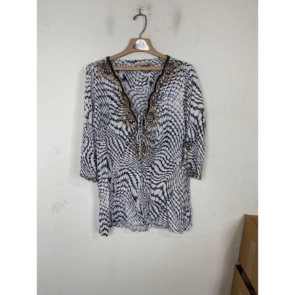 Soft Surroundings Blue White Abstract Print Beaded Embellished Tunic‎ Top Small